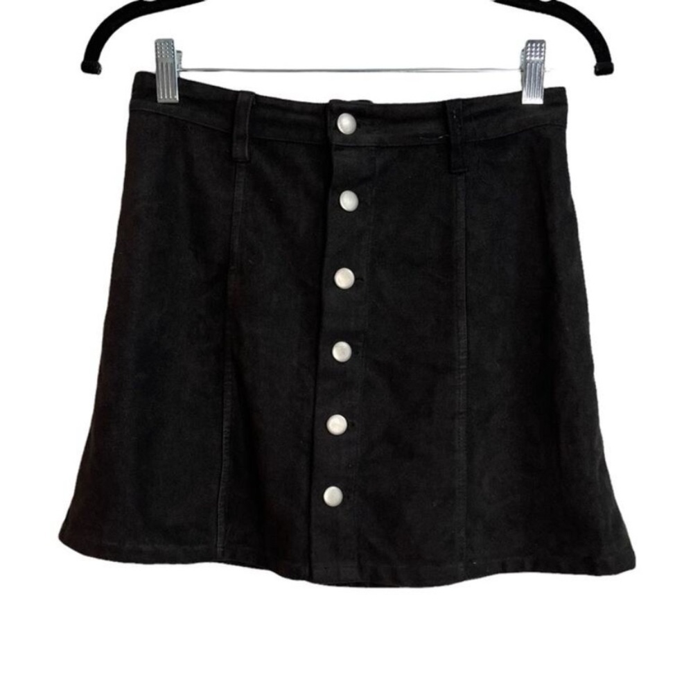 Olivaceous Faux Suede Small Black Mini Skirt w/ Belt Loops + Matte Snap Buttons